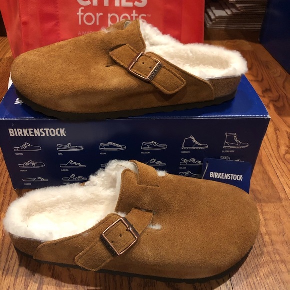 birkenstock boston wool lined mules in mink
